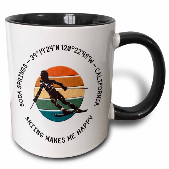 3drose, Soda Springs, California, Usa. Woman Skier, Black, White Text Gift, 15oz Two-tone Black Mug
