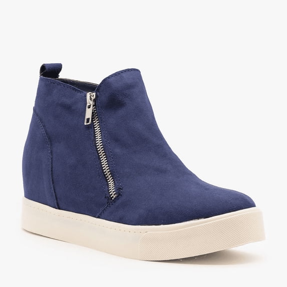 Soda Taylor Hidden Fahsion Wedge Sneaker Shoes Side Zipper Navy Suede Bootie (Blue, 7)