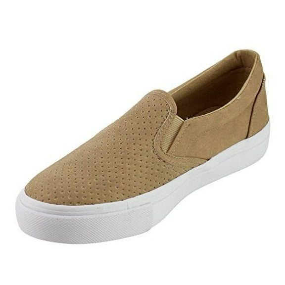 Soda Tracer Camel Pu Slip On Rounded Closed Toe White Sole Perforated Loafers (Camel pu, 8.5)