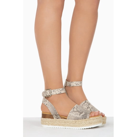 Soda Topic Beige Python Espadrilles Trim Flatform Studded Wedge Open Toe Sandals (Beige Python, 6)