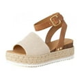 thumbnail image 1 of Soda Topic Beige Tan Espadrilles Ankle Strap Studded Open Toe Wedge Heel Sandals (Beige Tan, 7), 1 of 4