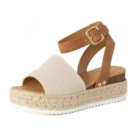 Soda Topic Beige Tan Espadrilles Ankle Strap Studded Open Toe Wedge Heel Sandals (Beige Tan, 7)