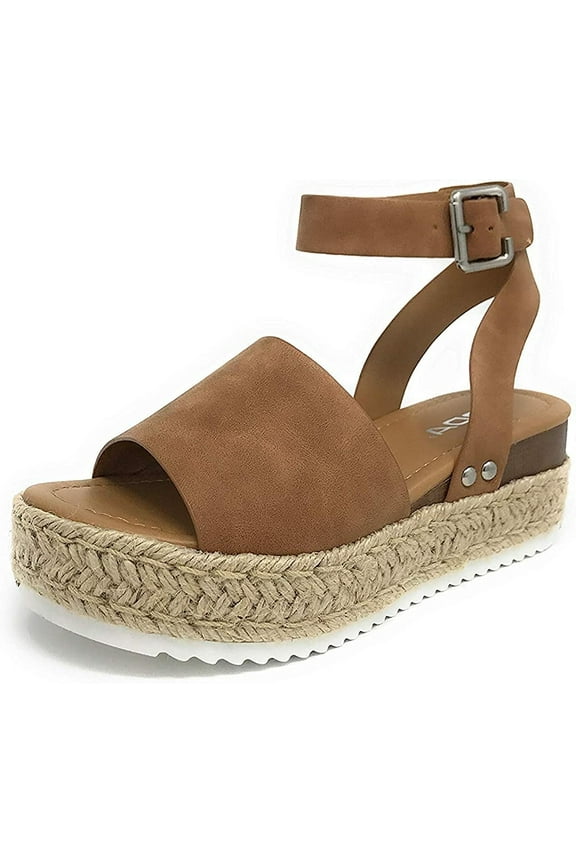 Topic Tan Open Toe Buckle Ankle Strap Espadrilles Platform Heeled Sandal (Tan, 6.5)