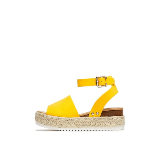 Soda Topic Yellow Casual Espadrilles Flatform Studded Wedge Open Toe Sandals (Yellow, 5.5)