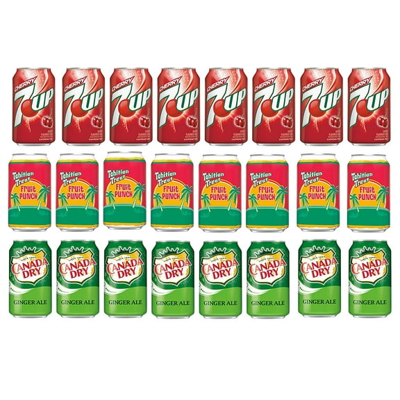 Soda Variety Pack, Pack of 24, 12 fl oz, 7UP Cherry, Tahitian Treat Fruit Punch Soda, Canada Dry Ginger Ale