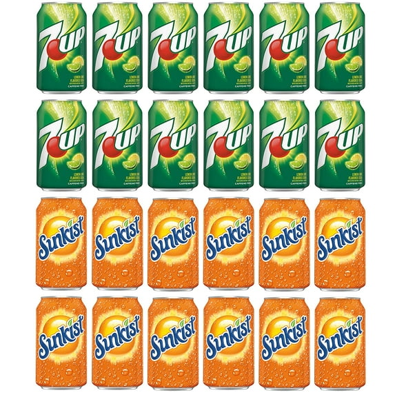 Soda Variety Pack , Pack of 24 , 12 fl oz , 7UP , Sunkist Orange Soda, All Natural Family Pack Drinks