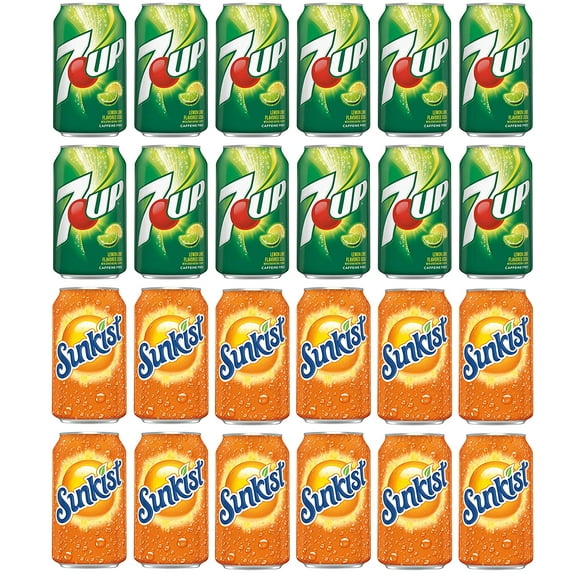 Soda Variety Pack , Pack of 24 , 12 fl oz , 7UP , Sunkist Orange Soda, All Natural Family Pack Drinks