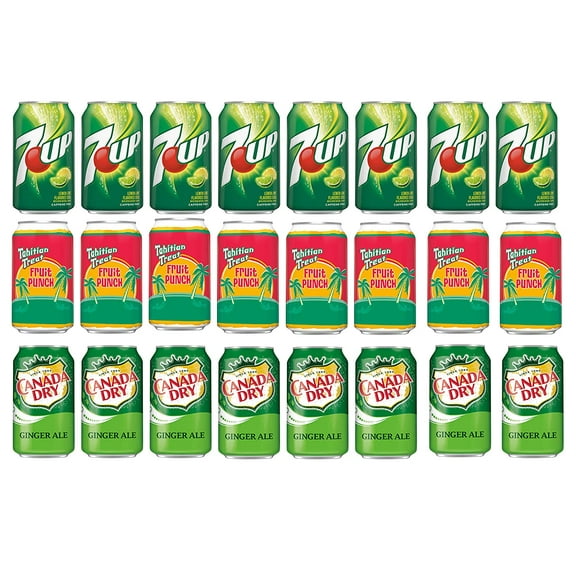 Soda Variety Pack , Pack of 24 , 12 fl oz , 7UP , Tahitian Treat Fruit Punch Soda , Canada Dry Ginger Ale