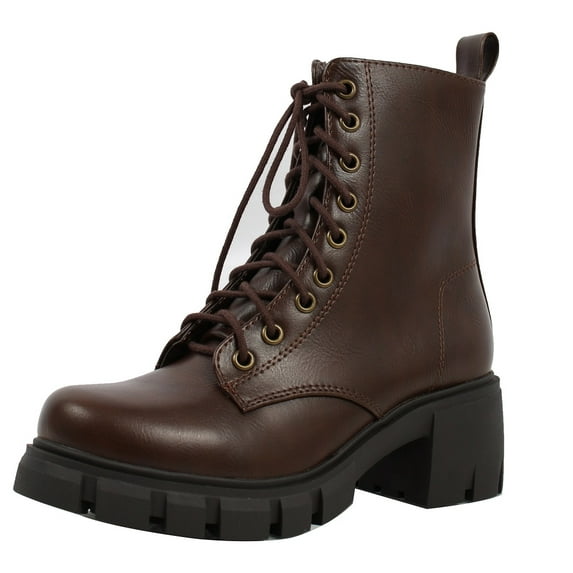 Soda Wome's Faux Leather Lace Up Combat Lug Sole Ankle Bootie, Brown , 7.5 M US
