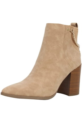 Women Ankle Boots Elastic Side Zipper Zip-Up Chain Booties Block Heel Pointy Toe DAMIA-S Wheat Beige Tan 10