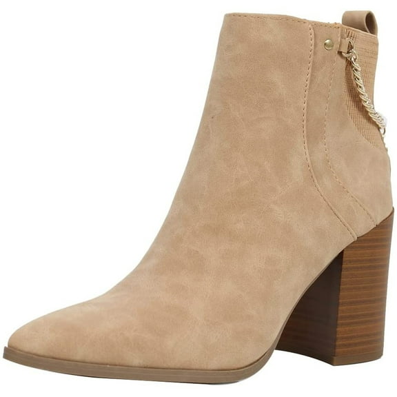 Soda Women Ankle Boots Elastic Side Zipper Zip-Up Chain Booties Block Heel Pointy Toe DAMIA-S Wheat Beige Tan 10