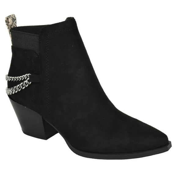 Soda Women Ankle Boots Elastic Side Zipper Zip-Up Chain Booties Block Heel Pointy Toe Que-S Black Suede 7
