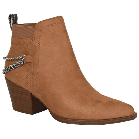 Soda Women Ankle Boots Elastic Side Zipper Zip-Up Chain Booties Block Heel Pointy Toe Que-S Tan Brown 8.5