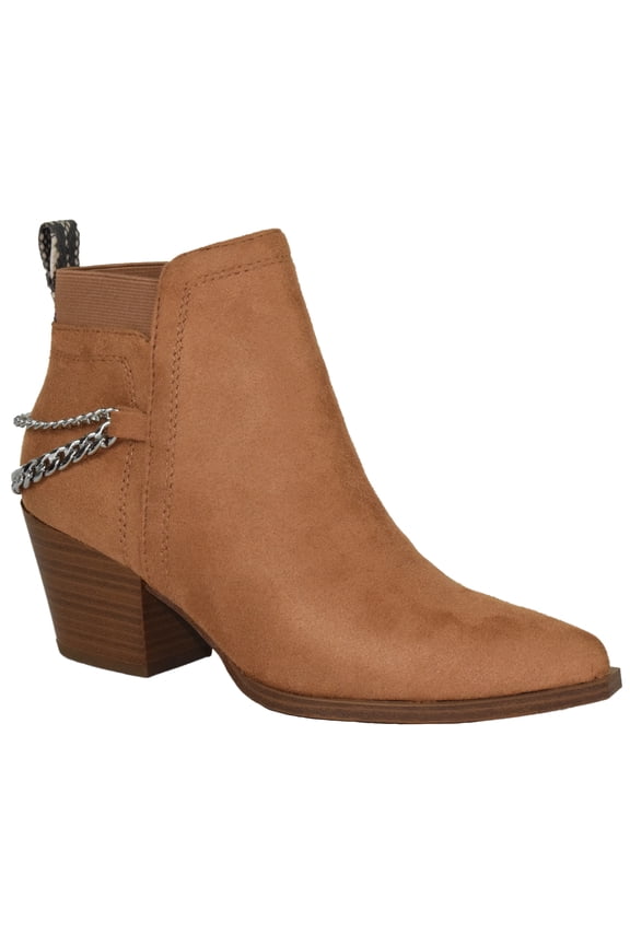 Women Ankle Boots Elastic Side Zipper Zip-Up Chain Booties Block Heel Pointy Toe Que-S Tan Brown 8.5