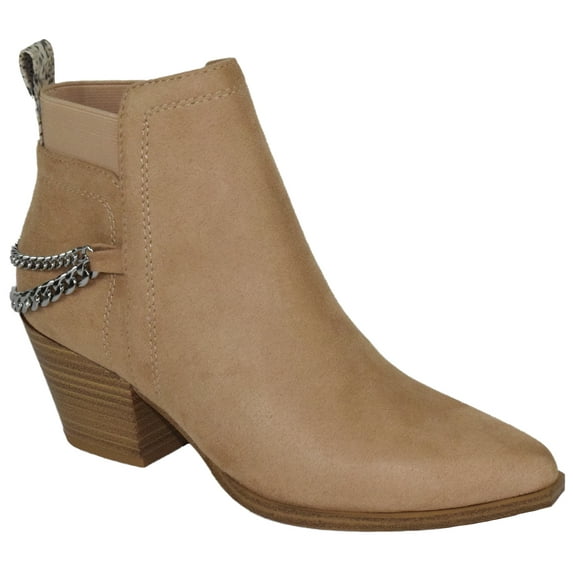 Soda Women Ankle Boots Elastic Side Zipper Zip-Up Chain Booties Block Heel Pointy Toe Que-S Wheat Beige 9