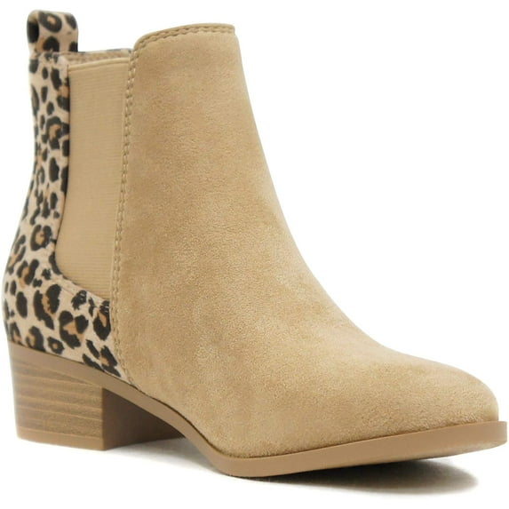 Soda Women Ankle Boots Elastic Sides Slip On Booties Block Heel Suede TEAPOT-S Camel Beige Cheetah 6.5