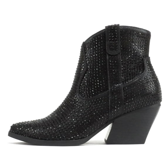Soda Women Ankle Boots Pointed Toe Low Heel Rhinestone Bling Short Western Cowboy Booties Side Zipper BREW-S Black 8.5