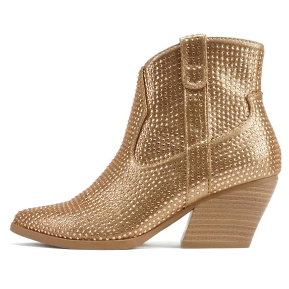 Soda Women Ankle Boots Pointed Toe Low Heel Rhinestone Bling Short Western Cowboy Booties Side Zipper BREW-S Rose Gold Bronze 8.5