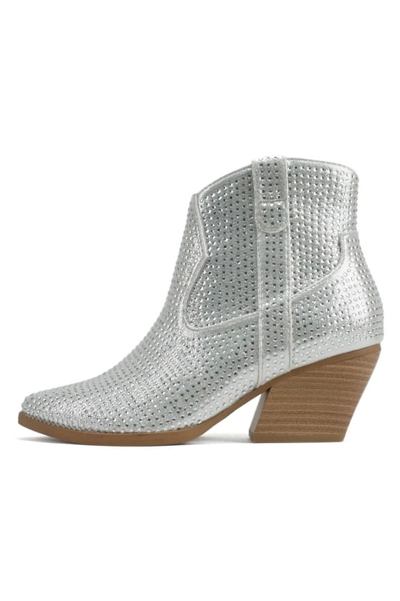 Women Ankle Boots Pointed Toe Low Heel Rhinestone Bling Short Western Cowboy Booties Side Zipper BREW-S Silver 7