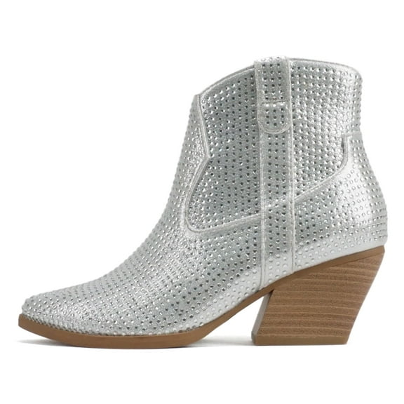 Soda Women Ankle Boots Pointed Toe Low Heel Rhinestone Bling Short Western Cowboy Booties Side Zipper BREW-S Silver 8