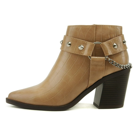 Soda Women Ankle Boots Side Zipper Back Chain Studded Booties Block Heel Pointy Toe ECOMM-S Beige Blond 8.5