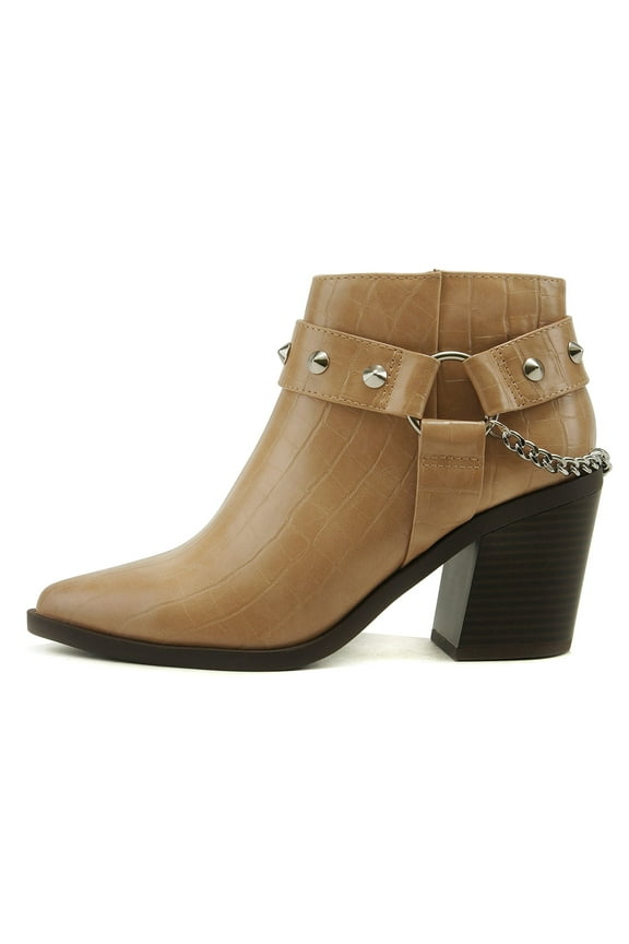 Women Ankle Boots Side Zipper Back Chain Studded Booties Block Heel Pointy Toe ECOMM-S Beige Blond 9