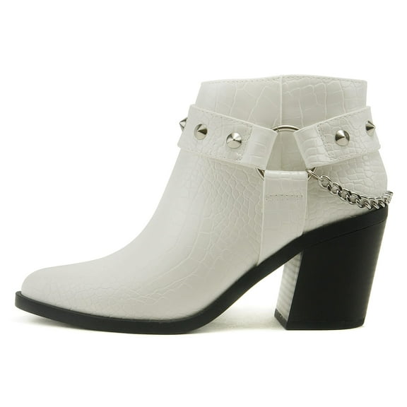 Soda Women Ankle Boots Side Zipper Back Chain Studded Booties Block Heel Pointy Toe ECOMM-S White 6.5