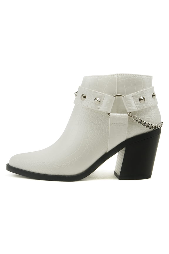 Women Ankle Boots Side Zipper Back Chain Studded Booties Block Heel Pointy Toe ECOMM-S White 7