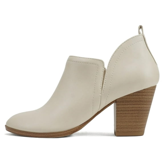 Soda Women Ankle Boots Slip-on Booties V Cut Sides Almond Toe Medium Stack Heel GAMEY-S Beige Off-White 10
