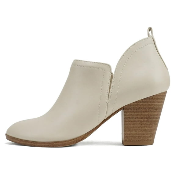 Soda Women Ankle Boots Slip-on Booties V Cut Sides Almond Toe Medium Stack Heel GAMEY-S Beige Off-White 7.5