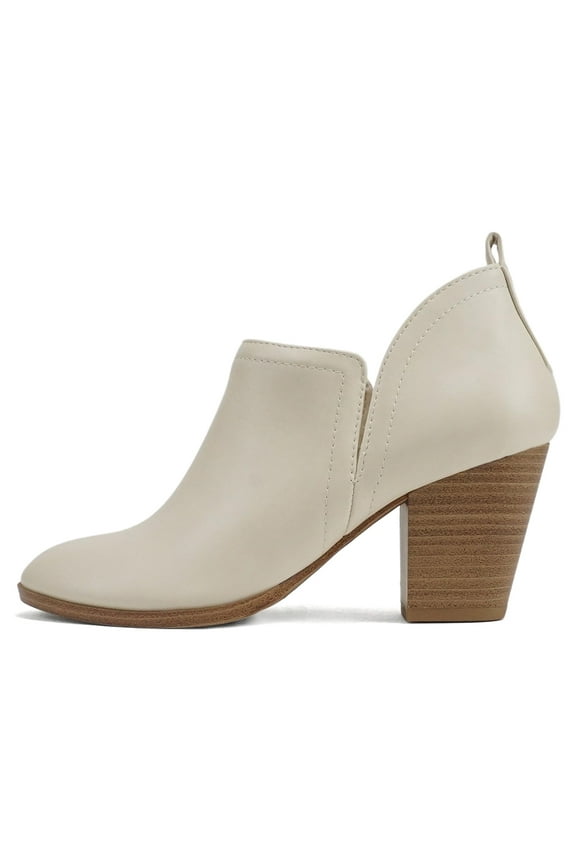 Women Ankle Boots Slip-on Booties V Cut Sides Almond Toe Medium Stack Heel GAMEY-S Beige Off-White 9