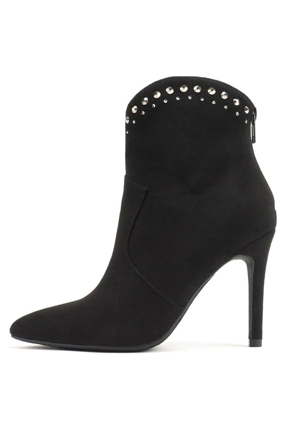 Women Ankle Boots Stiletto High Heels Rhinestone Bling Western Booties Back Zipper Pointed-Toe BANGLE-S Black Suede 8