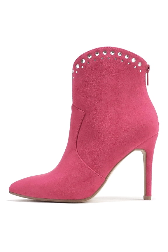 Women Ankle Boots Stiletto High Heels Rhinestone Bling Western Booties Back Zipper Pointed-Toe BANGLE-S Hot Pink Fuchsia 6