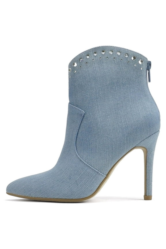 Women Ankle Boots Stiletto High Heels Rhinestone Bling Western Booties Back Zipper Pointed-Toe BANGLE-S Light Blue Denim 6