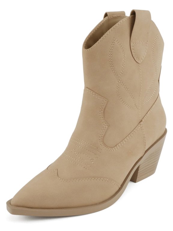 Women Ankle Boots Western Cowboy Slip On Short Block Heel Pointed Toe Cowgirl Stitched Booties INCITY-S Beige Camel 8.5