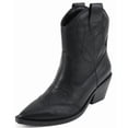 thumbnail image 1 of Soda Women Ankle Boots Western Cowboy Slip On Short Block Heel Pointed Toe Cowgirl Stitched Booties INCITY-S Black PU 7, 1 of 5