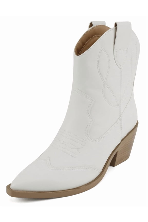 Women Ankle Boots Western Cowboy Slip On Short Block Heel Pointed Toe Cowgirl Stitched Booties INCITY-S White 10