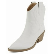 SODA Women Ankle Boots Western Cowboy Slip On Short Block Heel Pointed Toe Cowgirl Stitched Booties INCITY-S White 6.5