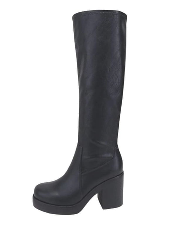 Women Block Chunky Heel Knee High Boots Platform Side Zipper SONIA-H Black PU 10