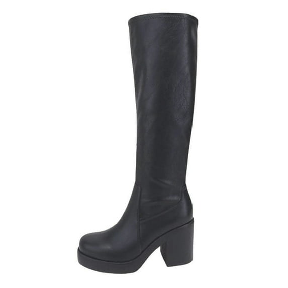 Soda Women Block Chunky Heel Knee High Boots Platform Side Zipper SONIA-H Black PU 9