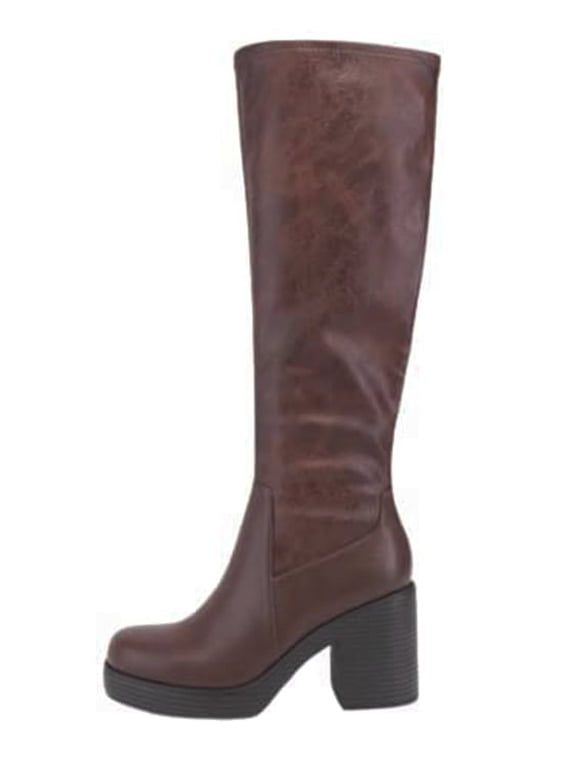 Women Block Chunky Heel Knee High Boots Platform Side Zipper SONIA-H Brown 7.5