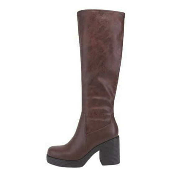 Soda Women Block Chunky Heel Knee High Boots Platform Side Zipper SONIA-H Brown 9