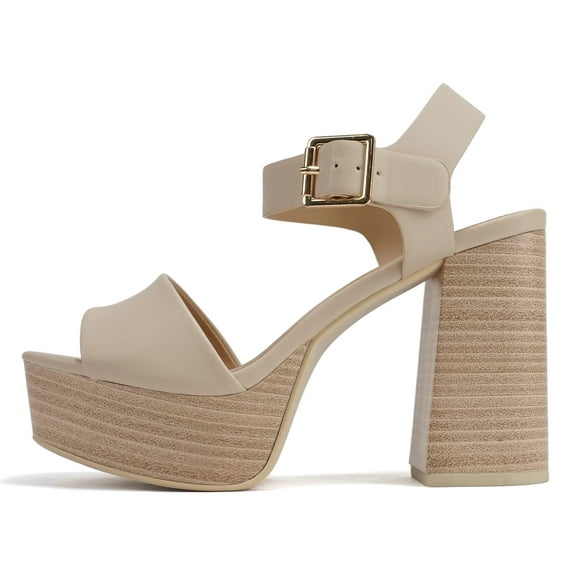 Soda Women Block Chunky Stacked High Heels Sandals Open Toe Platform Ankle Strap Band OPTIONS-S Beige Nude 10