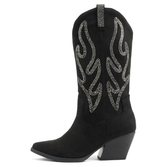 Soda Women Boots Pointed Toe Low Heel Rhinestone Bling Mid-Calf Western OZIE-S Black IMSU Suede 6.5