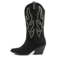 thumbnail image 1 of Soda Women Boots Pointed Toe Low Heel Rhinestone Bling Mid-Calf Western OZIE-S Black IMSU Suede 6, 1 of 4