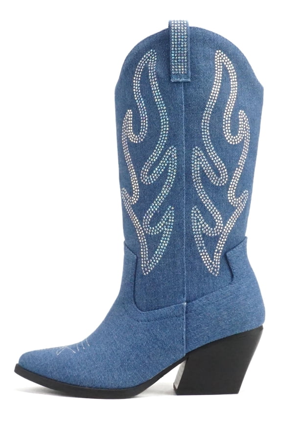 Women Boots Pointed Toe Low Heel Rhinestone Bling Mid-Calf Western OZIE-S Blue Denim 8.5
