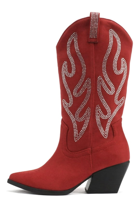 Women Boots Pointed Toe Low Heel Rhinestone Bling Mid-Calf Western OZIE-S Bright Red IMSU Suede 5.5