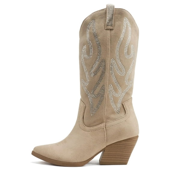 Soda Women Boots Pointed Toe Low Heel Rhinestone Bling Mid-Calf Western OZIE-S Pale Camel Beige IMSU Suede 8