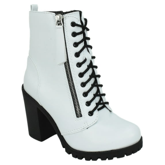 Soda Women Chunky High Heel Combat Army Military Riding Ankle Boots Lace Up Booties Malia-S white 8
