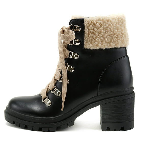 Soda Women Chunky Thick Heels Lug Sole Faux Fur Ankle Combat Boots Lace Up Side Zipper Booties Keynote-S Black PU 10